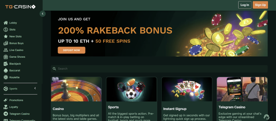 TG Casino Homepage Offering 200% Rakeback Bonus in ETH